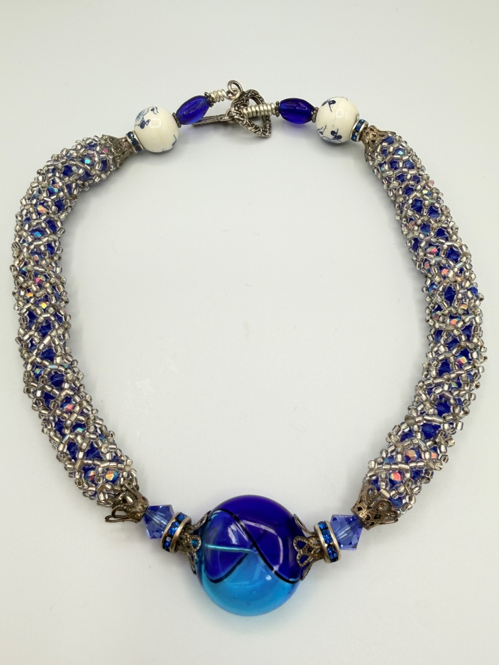 Artisan Blue Chinoiserie Porcelain & Art Glass Statement Choker